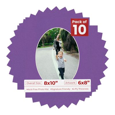 8x10 Mat Bevel Cut for 6x8 Photos - Precut Dark Purple Oval Shaped Photo Mat Board Opening - Acid Free Matte to Protect Your Pictures - Bevel Cut for Family Photos, Pack of 10 Matboards