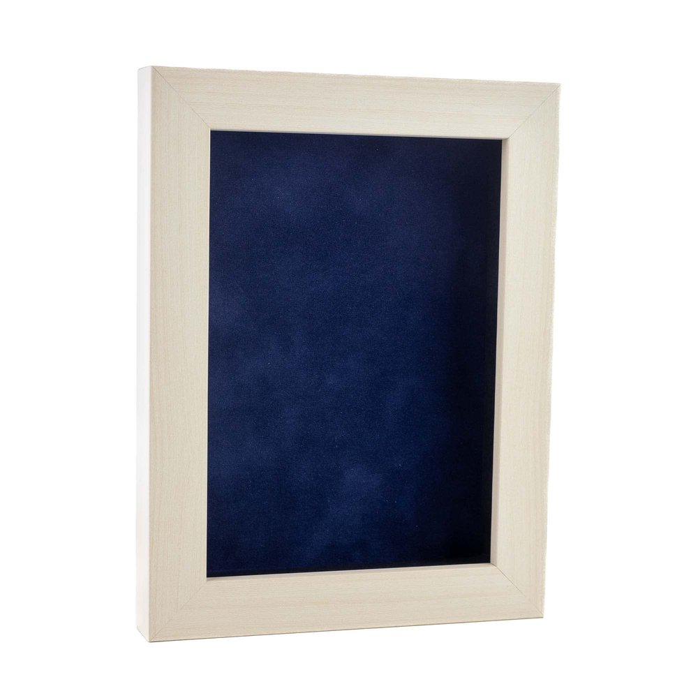 11x14 Shadow Box Frame White Washed Wood | with a 3/4" Usable Display Depth | Includes a Navy Blue Real Suede Texture Acid-Free Backing Board, UV Resistant Acrylic, and Hanging Hardware