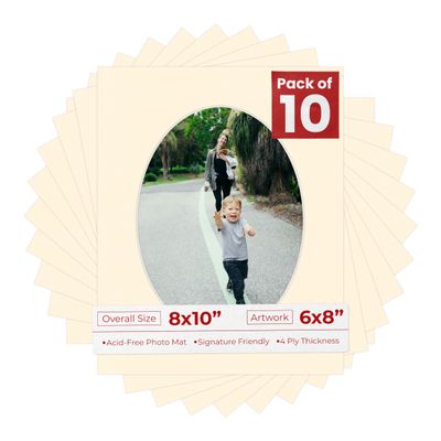 8x10 Mat Bevel Cut for 6x8 Photos - Precut Cream Oval Shaped Photo Mat Board Opening - Acid Free Matte to Protect Your Pictures - Bevel Cut for Family Photos, Pack of 10 Matboards
