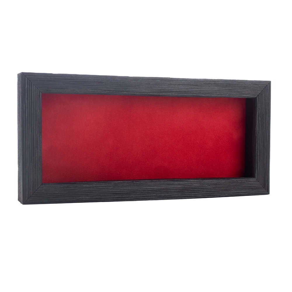 13x34 Shadow Box Frame Barnwood Black Wood | with a 1" Usable Display Depth | Includes a Red Real Suede Texture Acid-Free Backing Board, UV Resistant Acrylic, and Hanging Hardware