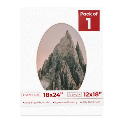 18x24 Mat Bevel Cut for 12x18 Photos - Precut Oyster Shell White Oval Shaped Photo Mat Board Opening - Acid Free Matte to Protect Your Pictures - Bevel Cut for Family Photos, Pack of 1 Matboard