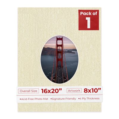 16x20 Mat Bevel Cut for 8x10 Photos - Precut Fresh Linen Canvas Oval Shaped Photo Mat Board Opening - Acid Free Matte to Protect Your Pictures - Bevel Cut for Family Photos, Pack of 1 Matboard