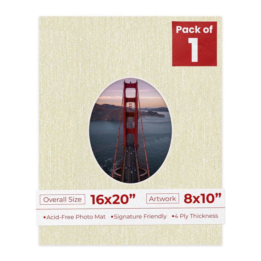 16x20 Mat Bevel Cut for 8x10 Photos - Precut Fresh Linen Canvas Oval Shaped Photo Mat Board Opening - Acid Free Matte to Protect Your Pictures - Bevel Cut for Family Photos, Pack of 1 Matboard