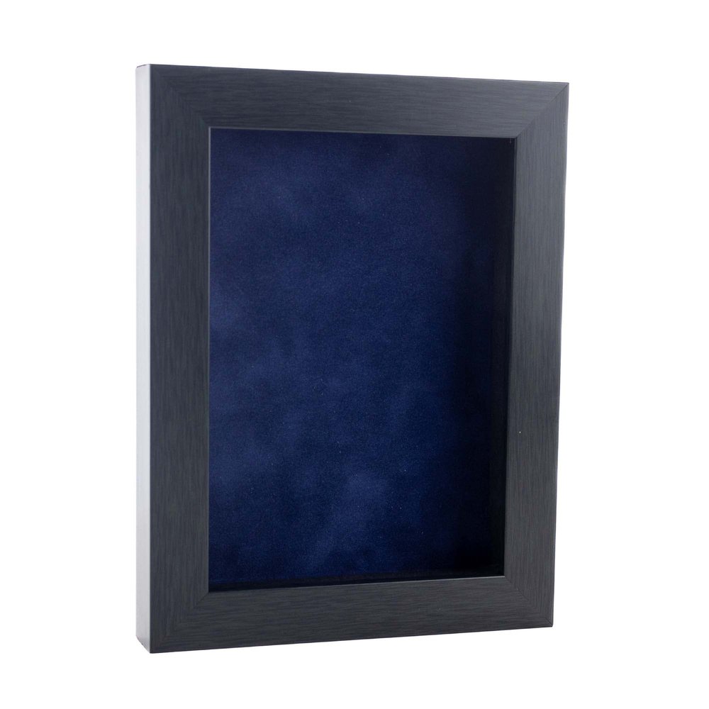 11x14 Shadow Box Frame Charcoal Gray Wood | with a 3/4" Usable Display Depth | Includes a Navy Blue Real Suede Texture Acid-Free Backing Board, UV Resistant Acrylic, and Hanging Hardware