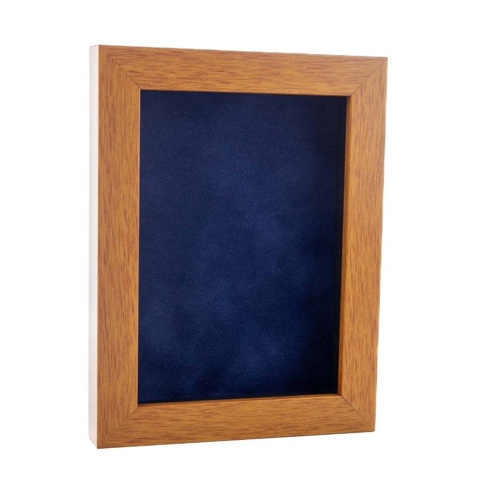 11x14 Shadow Box Frame Light Brown Wood | with a 3/4" Usable Display Depth | Includes a Navy Blue Real Suede Texture Acid-Free Backing Board, UV Resistant Acrylic, and Hanging Hardware
