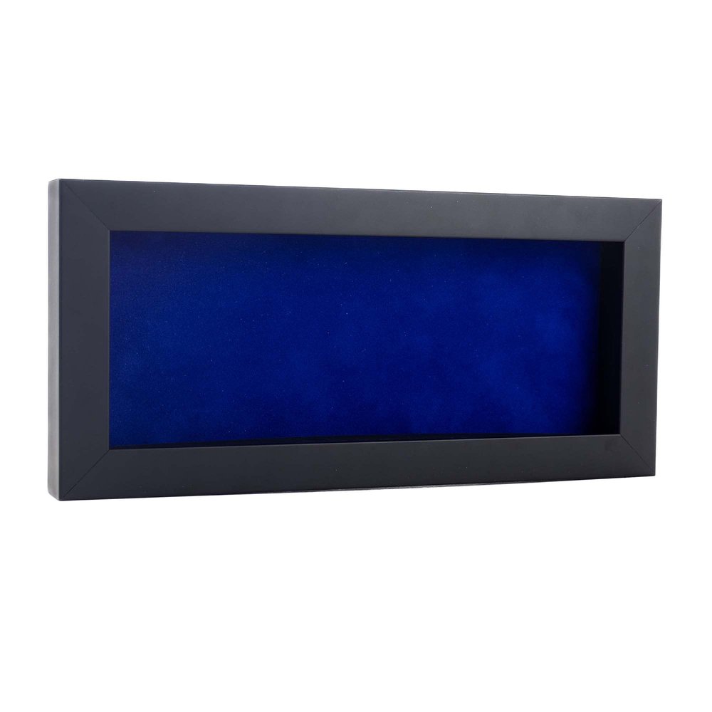13x34 Shadow Box Frame Black Wood | with a 3/4" Usable Display Depth | Includes a Royal Blue Real Suede Texture Acid-Free Backing Board, UV Resistant Acrylic, and Hanging Hardware