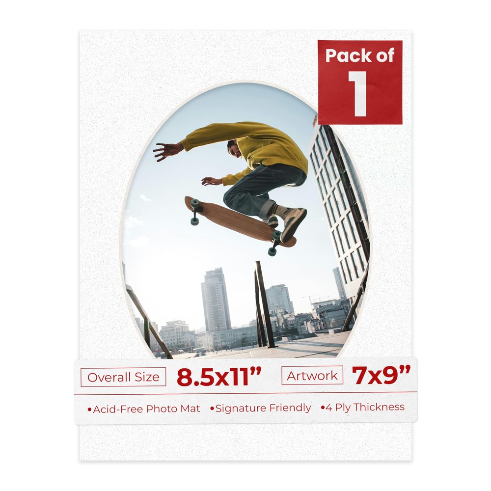 8.5x11 Mat Bevel Cut for 7x9 Photos - Precut Oyster Shell White Oval Shaped Photo Mat Board Opening - Acid Free Matte to Protect Your Pictures - Bevel Cut for Family Photos, Pack of 1 Matboard