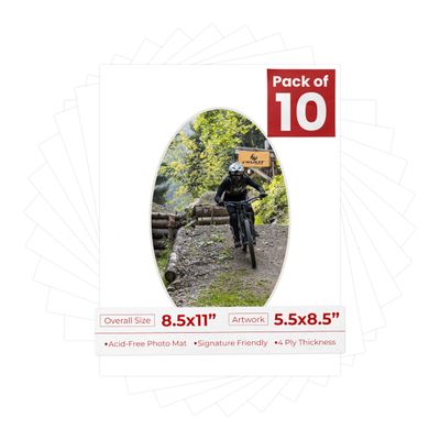 8.5x11 Mat Bevel Cut for 5.5x8.5 Photos - Precut White Oval Shaped Photo Mat Board Opening - Acid Free Matte to Protect Your Pictures - Bevel Cut for Family Photos, Pack of 10 Matboards