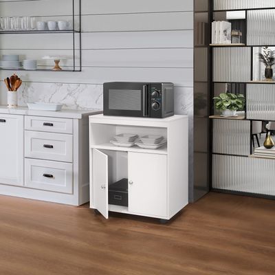 Kings Brand Furniture - Microwave Kitchen Cart, 2-Door Accent Storage Cabinet, White