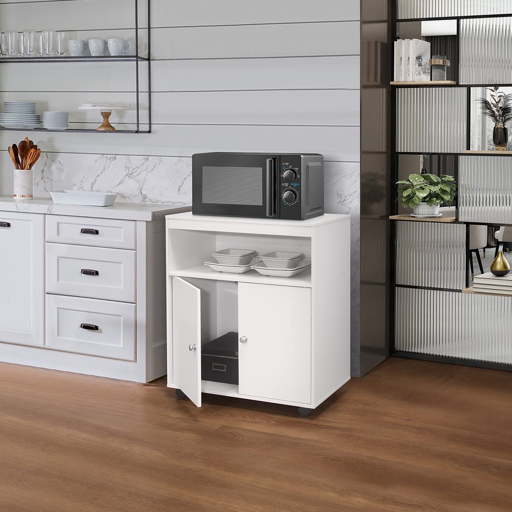 Kings Brand Furniture - Microwave Kitchen Cart, 2-Door Accent Storage Cabinet, White