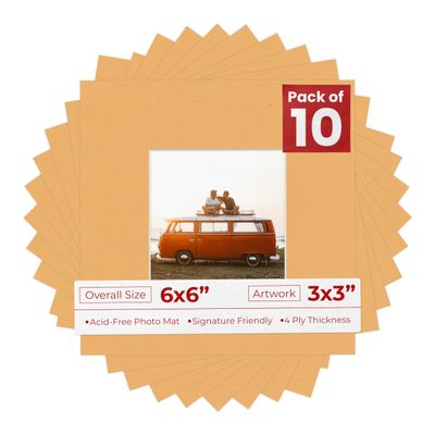 6x6 Mat Bevel Cut for 3x3 Photos - Precut Topaz Orange Square Shaped Photo Mat Board Opening - Acid Free Matte to Protect Your Pictures - Bevel Cut for Family Photos, Pack of 10 Matboards