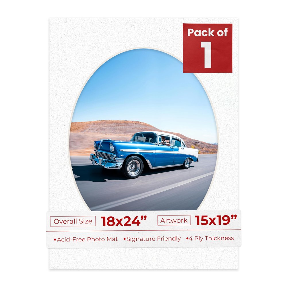 18x24 Mat Bevel Cut for 15x19 Photos - Precut Oyster Shell White Oval Shaped Photo Mat Board Opening - Acid Free Matte to Protect Your Pictures - Bevel Cut for Family Photos, Pack of 1 Matboard