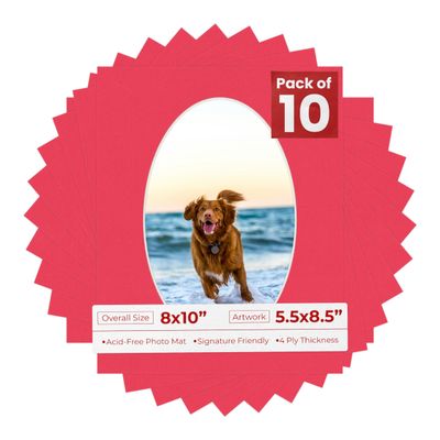 8x10 Mat Bevel Cut for 5.5x8.5 Photos - Precut Cardinal Red Oval Shaped Photo Mat Board Opening - Acid Free Matte to Protect Your Pictures - Bevel Cut for Family Photos, Pack of 10 Matboards