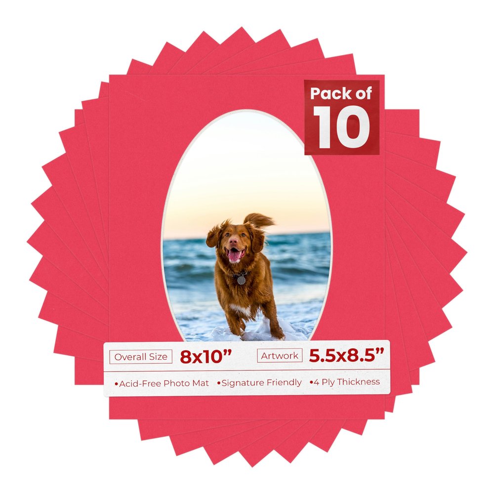 8x10 Mat Bevel Cut for 5.5x8.5 Photos - Precut Cardinal Red Oval Shaped Photo Mat Board Opening - Acid Free Matte to Protect Your Pictures - Bevel Cut for Family Photos, Pack of 10 Matboards