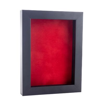 11x14 Shadow Box Frame Black Wood | with a 3/4" Usable Display Depth | Includes a Red Real Suede Texture Acid-Free Backing Board, UV Resistant Acrylic, and Hanging Hardware