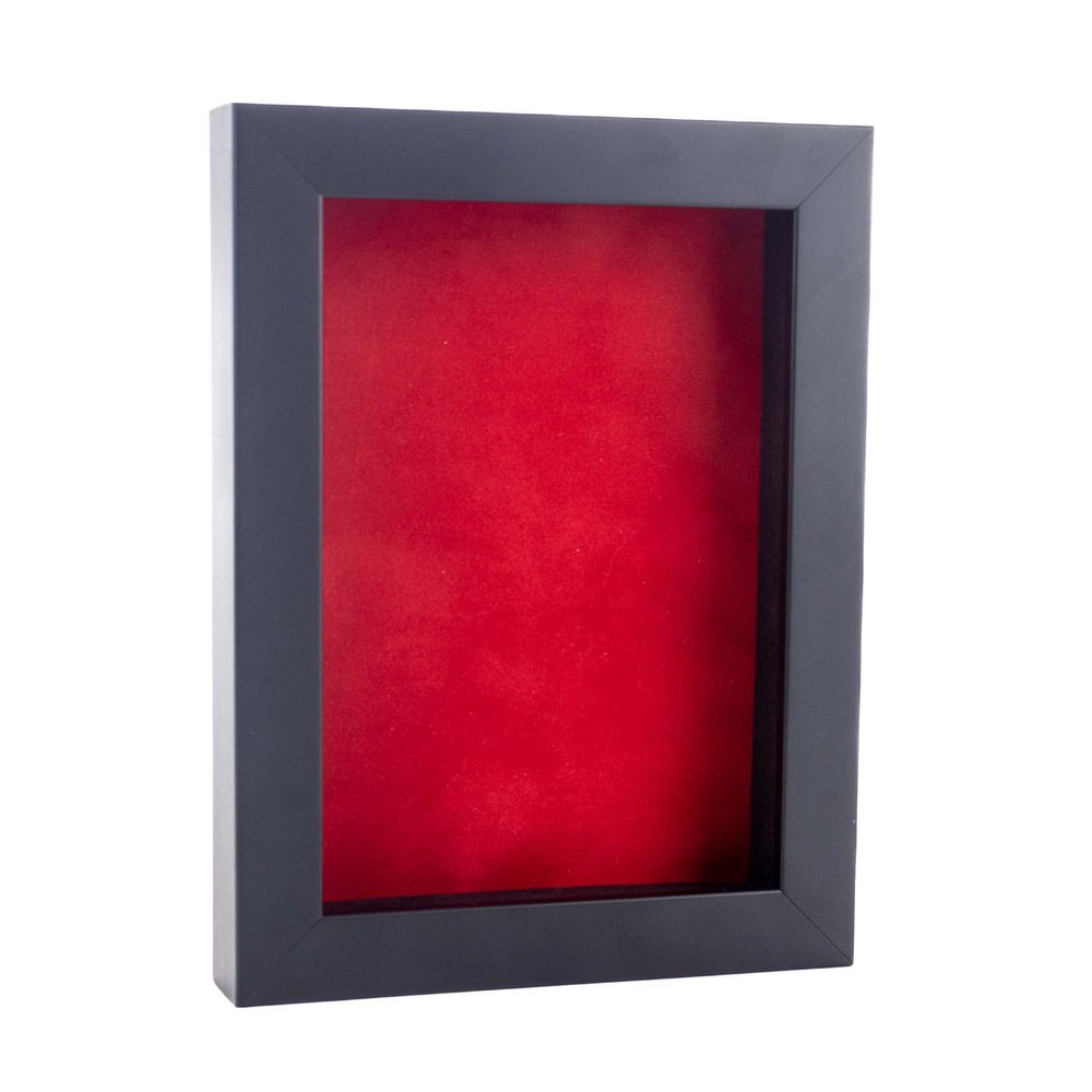 11x14 Shadow Box Frame Black Wood | with a 3/4" Usable Display Depth | Includes a Red Real Suede Texture Acid-Free Backing Board, UV Resistant Acrylic, and Hanging Hardware