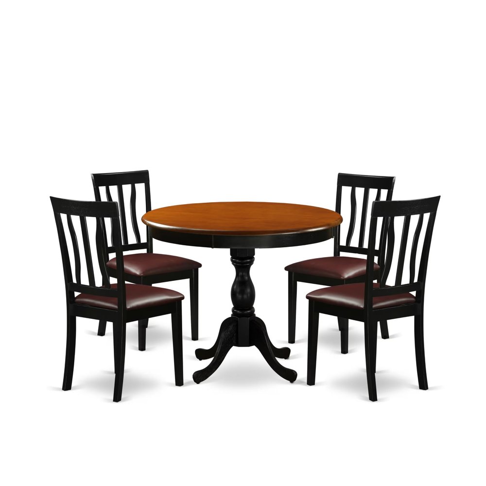 East West Furniture AMAN5-BCH-LC 5 Piece Dining Table Set for 4 Includes a Round Kitchen Table with Pedestal and 4 Faux Leather Kitchen Dining Chairs, 36x36 Inch, Black & Cherry