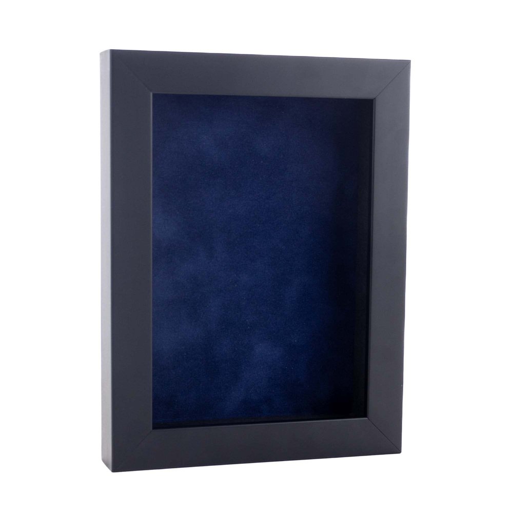 11x14 Shadow Box Frame Black Wood | with a 3/4" Usable Display Depth | Includes a Navy Blue Real Suede Texture Acid-Free Backing Board, UV Resistant Acrylic, and Hanging Hardware