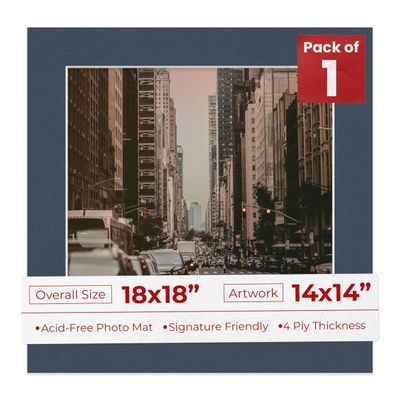 18x18 Mat Bevel Cut for 14x14 Photos - Precut Navy Blue Square Shaped Photo Mat Board Opening - Acid Free Matte to Protect Your Pictures - Bevel Cut for Family Photos, Pack of 1 Matboard