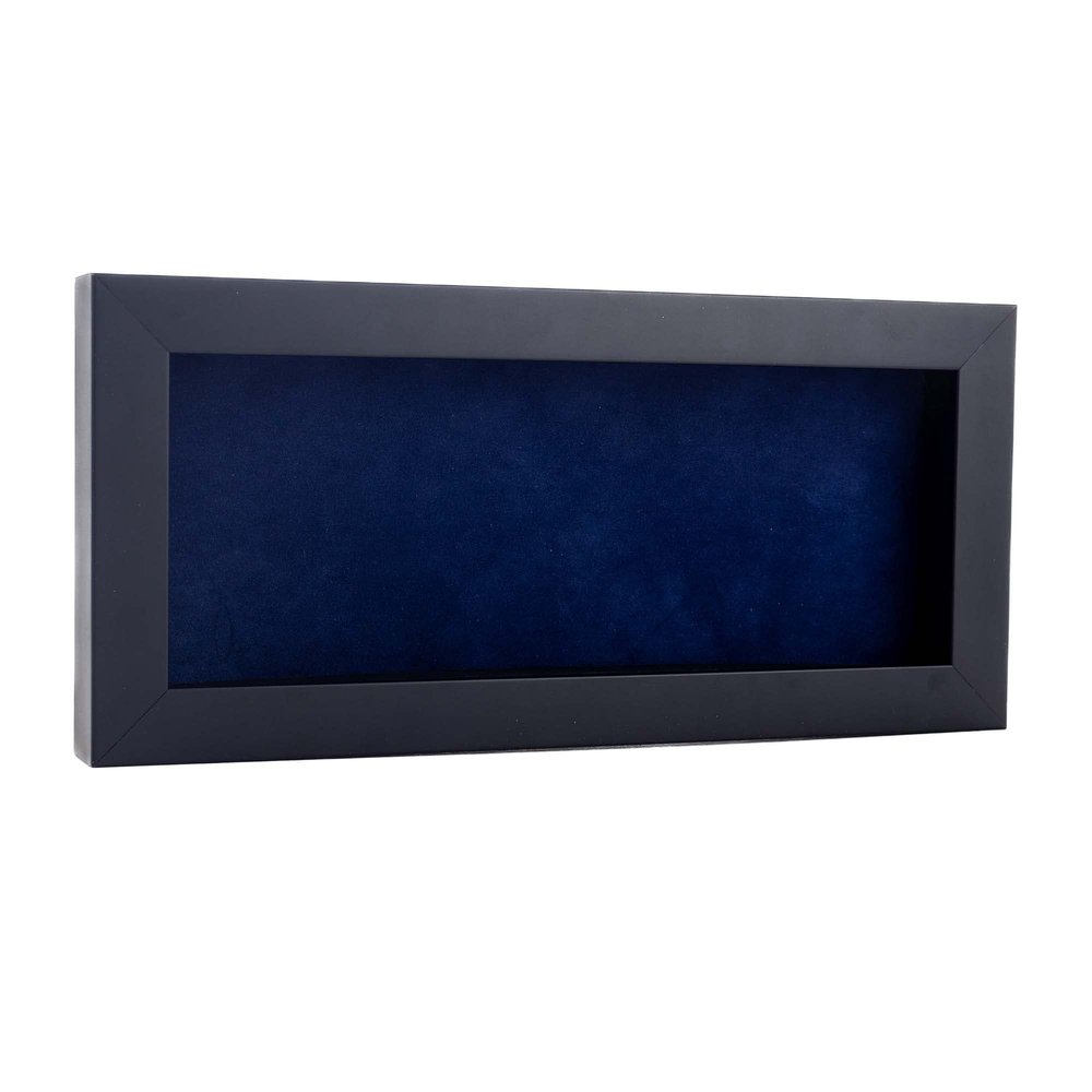 13x34 Shadow Box Frame Black Wood | with a 3/4" Usable Display Depth | Includes a Navy Blue Real Suede Texture Acid-Free Backing Board, UV Resistant Acrylic, and Hanging Hardware
