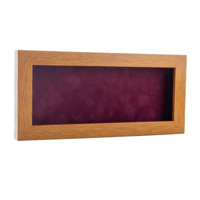 13x34 Shadow Box Frame Light Brown Wood | with a 3/4" Usable Display Depth | Includes a Dark Berry Real Suede Texture Acid-Free Backing Board, UV Resistant Acrylic, and Hanging Hardware