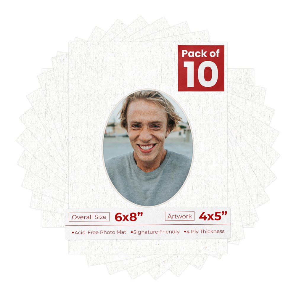 6x8 Mat Bevel Cut for 4x5 Photos - Precut White Linen Canvas Oval Shaped Photo Mat Board Opening - Acid Free Matte to Protect Your Pictures - Bevel Cut for Family Photos, Pack of 10 Matboards