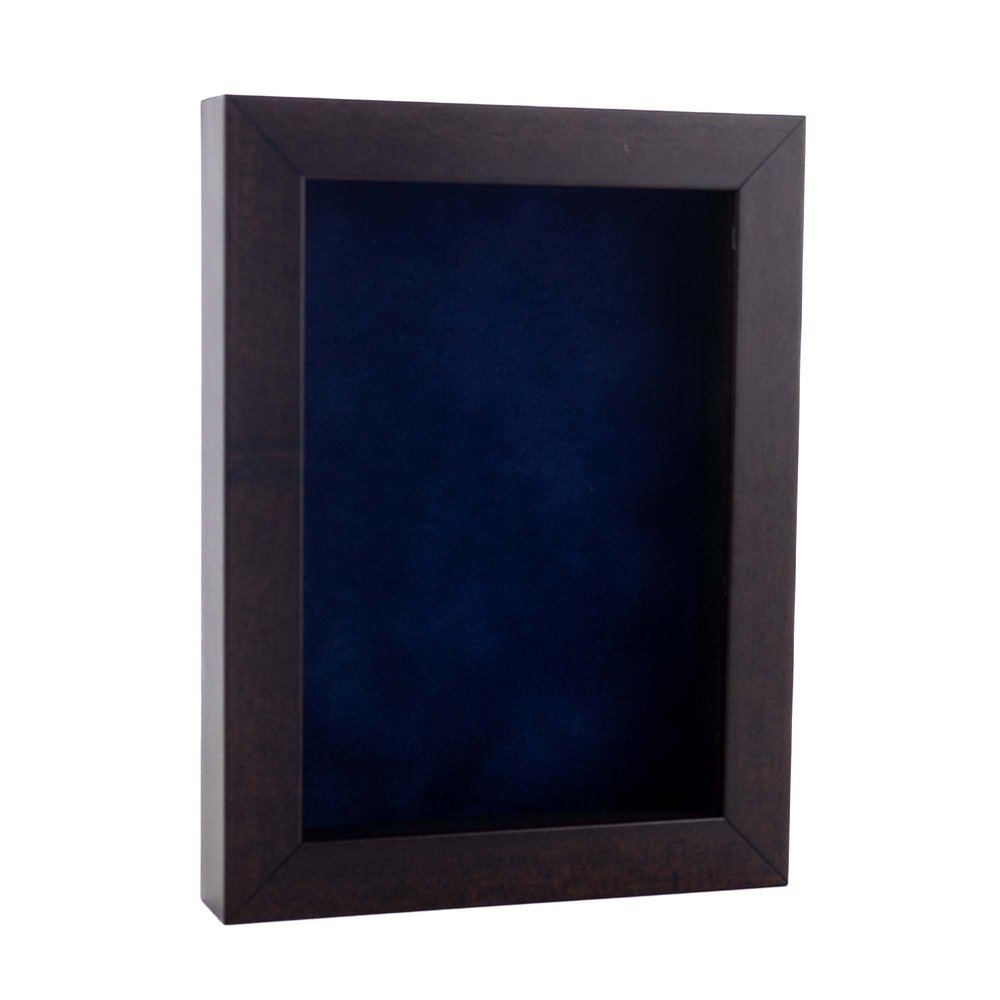 11x14 Shadow Box Frame Brown Walnut Wood | with a 3/4" Usable Display Depth | Includes a Navy Blue Real Suede Texture Acid-Free Backing Board, UV Resistant Acrylic, and Hanging Hardware
