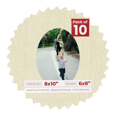 8x10 Mat Bevel Cut for 6x8 Photos - Precut Fresh Linen Canvas Oval Shaped Photo Mat Board Opening - Acid Free Matte to Protect Your Pictures - Bevel Cut for Family Photos, Pack of 10 Matboards