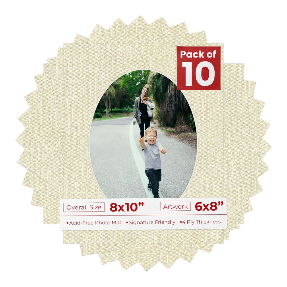8x10 Mat Bevel Cut for 6x8 Photos - Precut Fresh Linen Canvas Oval Shaped Photo Mat Board Opening - Acid Free Matte to Protect Your Pictures - Bevel Cut for Family Photos, Pack of 10 Matboards