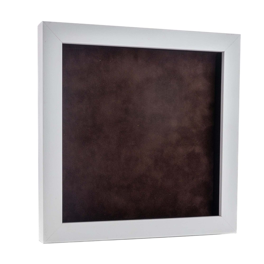 13x13 Shadow Box Frame White Wood | with a 3/4" Usable Display Depth | Includes a Brown Real Suede Texture Acid-Free Backing Board, UV Resistant Acrylic, and Hanging Hardware