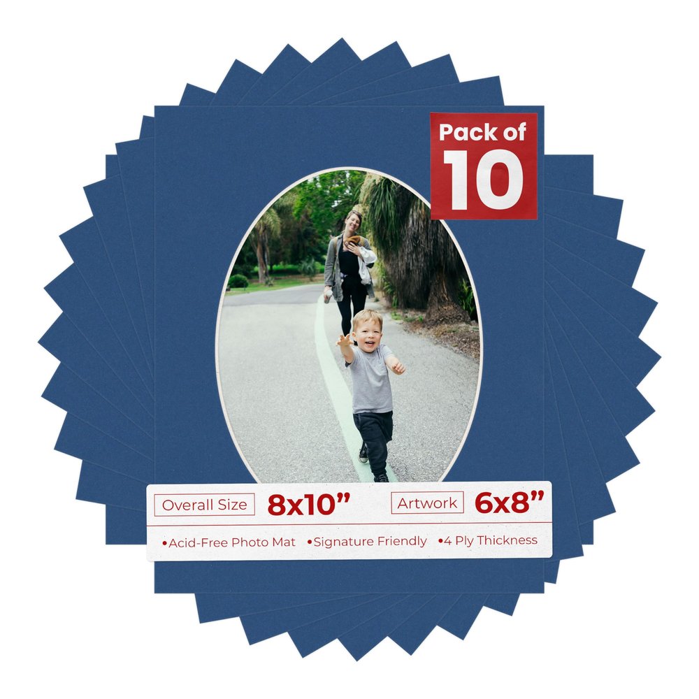 8x10 Mat Bevel Cut for 6x8 Photos - Precut Bottle Blue Oval Shaped Photo Mat Board Opening - Acid Free Matte to Protect Your Pictures - Bevel Cut for Family Photos, Pack of 10 Matboards
