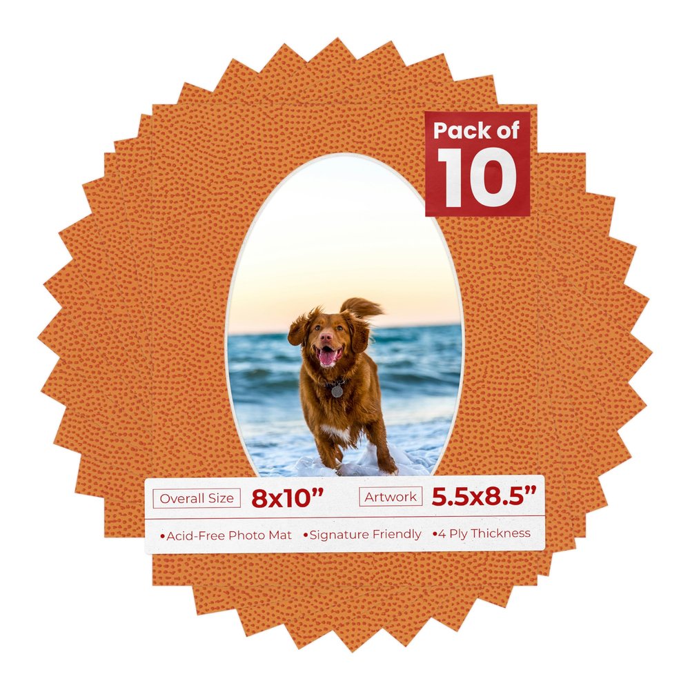8x10 Mat Bevel Cut for 5.5x8.5 Photos - Precut Basketball Texture Oval Shaped Photo Mat Board Opening - Acid Free Matte to Protect Your Pictures - Bevel Cut for Family Photos, Pack of 10 Matboards