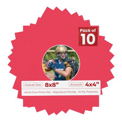 8x8 Mat Bevel Cut for 4x4 Photos - Precut Cardinal Red Circle Shaped Photo Mat Board Opening - Acid Free Matte to Protect Your Pictures - Bevel Cut for Family Photos, Pack of 10 Matboards