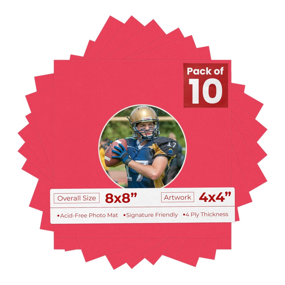 8x8 Mat Bevel Cut for 4x4 Photos - Precut Cardinal Red Circle Shaped Photo Mat Board Opening - Acid Free Matte to Protect Your Pictures - Bevel Cut for Family Photos, Pack of 10 Matboards