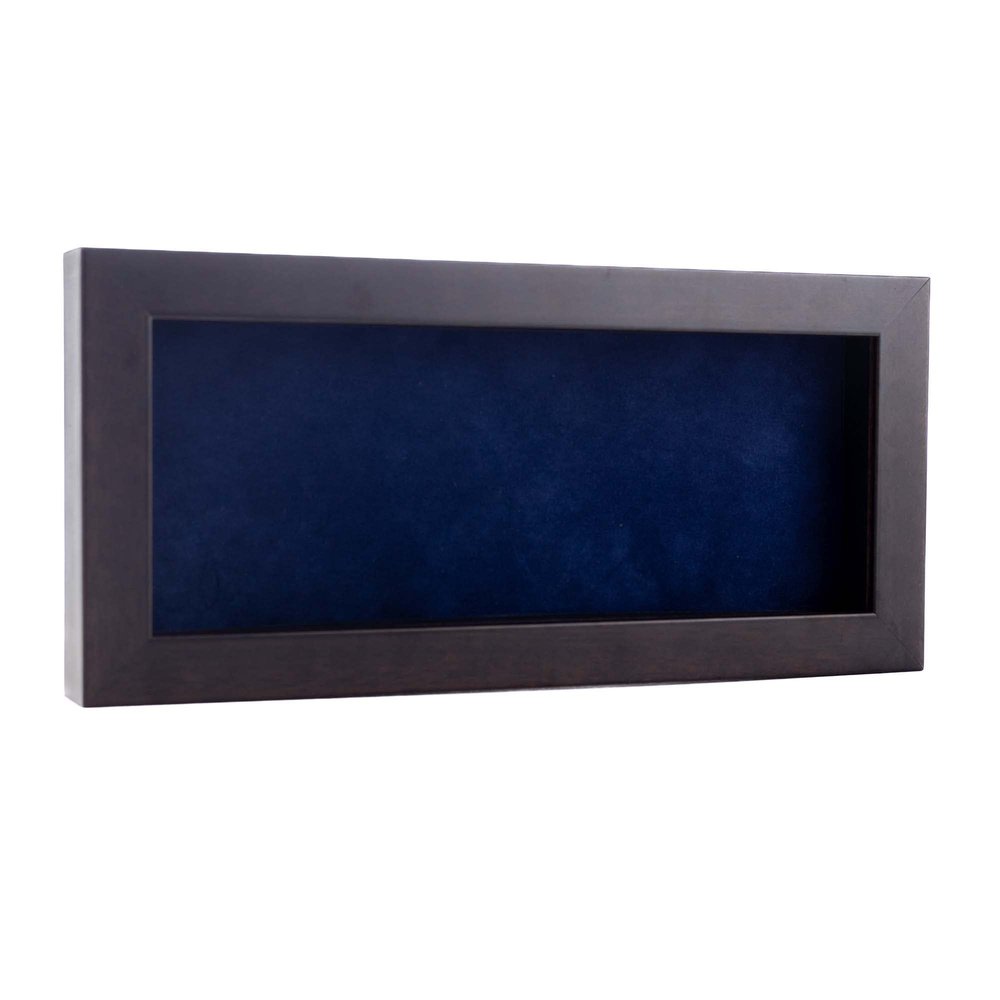 13x34 Shadow Box Frame Brown Walnut Wood | with a 3/4" Usable Display Depth | Includes a Navy Blue Real Suede Texture Acid-Free Backing Board, UV Resistant Acrylic, and Hanging Hardware