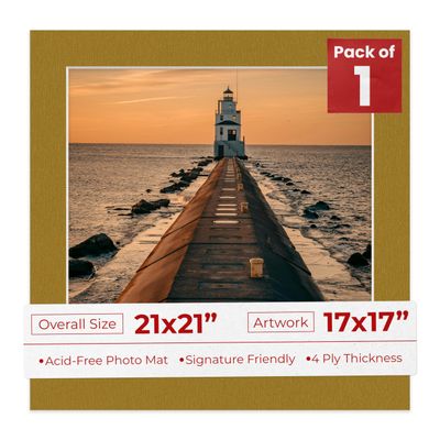 21x21 Mat Bevel Cut for 17x17 Photos - Precut Metallic Gold Square Shaped Photo Mat Board Opening - Acid Free Matte to Protect Your Pictures - Bevel Cut for Family Photos, Pack of 1 Matboard