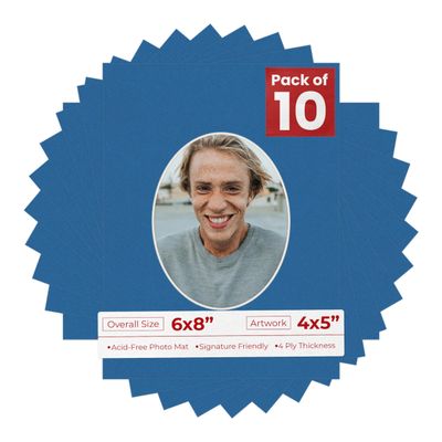 6x8 Mat Bevel Cut for 4x5 Photos - Precut Royal Blue Oval Shaped Photo Mat Board Opening - Acid Free Matte to Protect Your Pictures - Bevel Cut for Family Photos, Pack of 10 Matboards