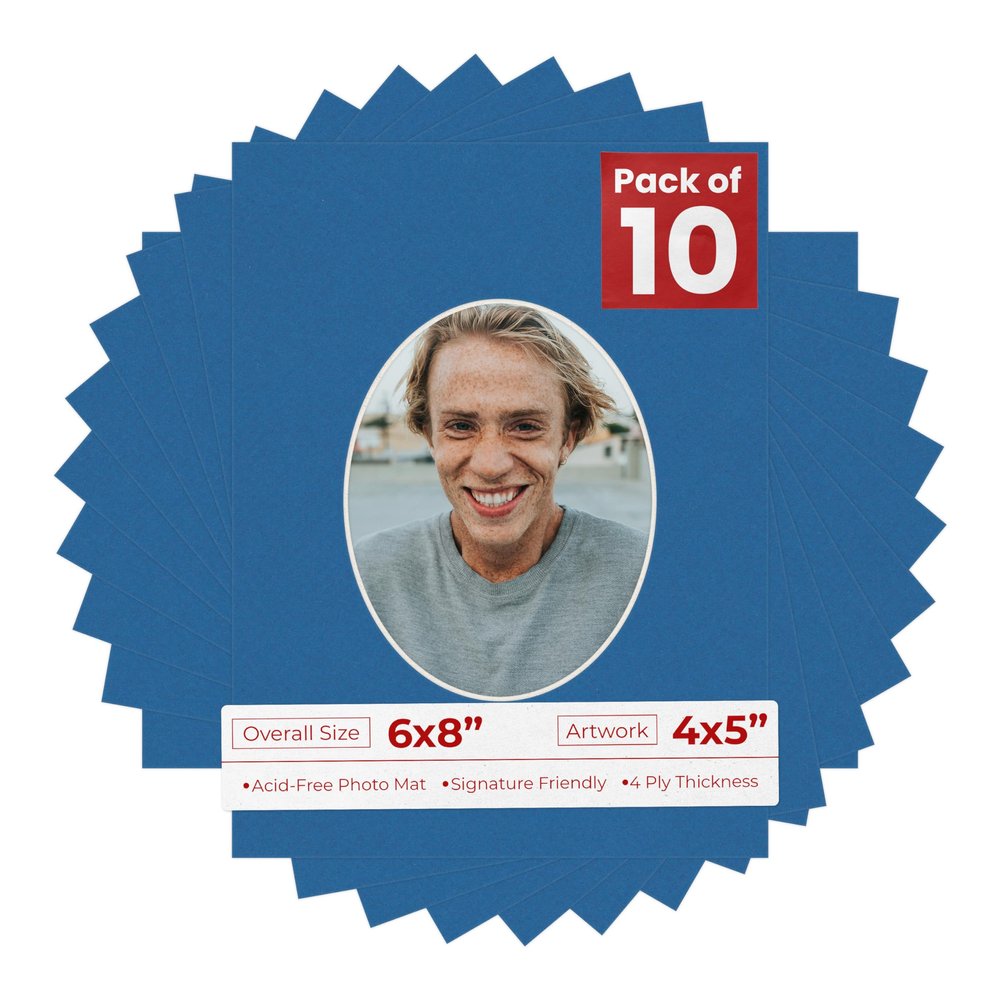 6x8 Mat Bevel Cut for 4x5 Photos - Precut Royal Blue Oval Shaped Photo Mat Board Opening - Acid Free Matte to Protect Your Pictures - Bevel Cut for Family Photos, Pack of 10 Matboards