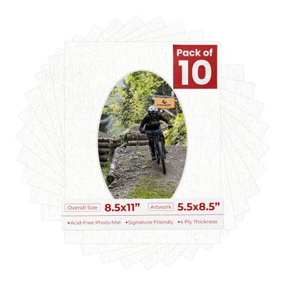 8.5x11 Mat Bevel Cut for 5.5x8.5 Photos - Precut White Linen Canvas Oval Shaped Photo Mat Board Opening - Acid Free Matte to Protect Your Pictures - Bevel Cut for Family Photos, Pack of 10 Matboards