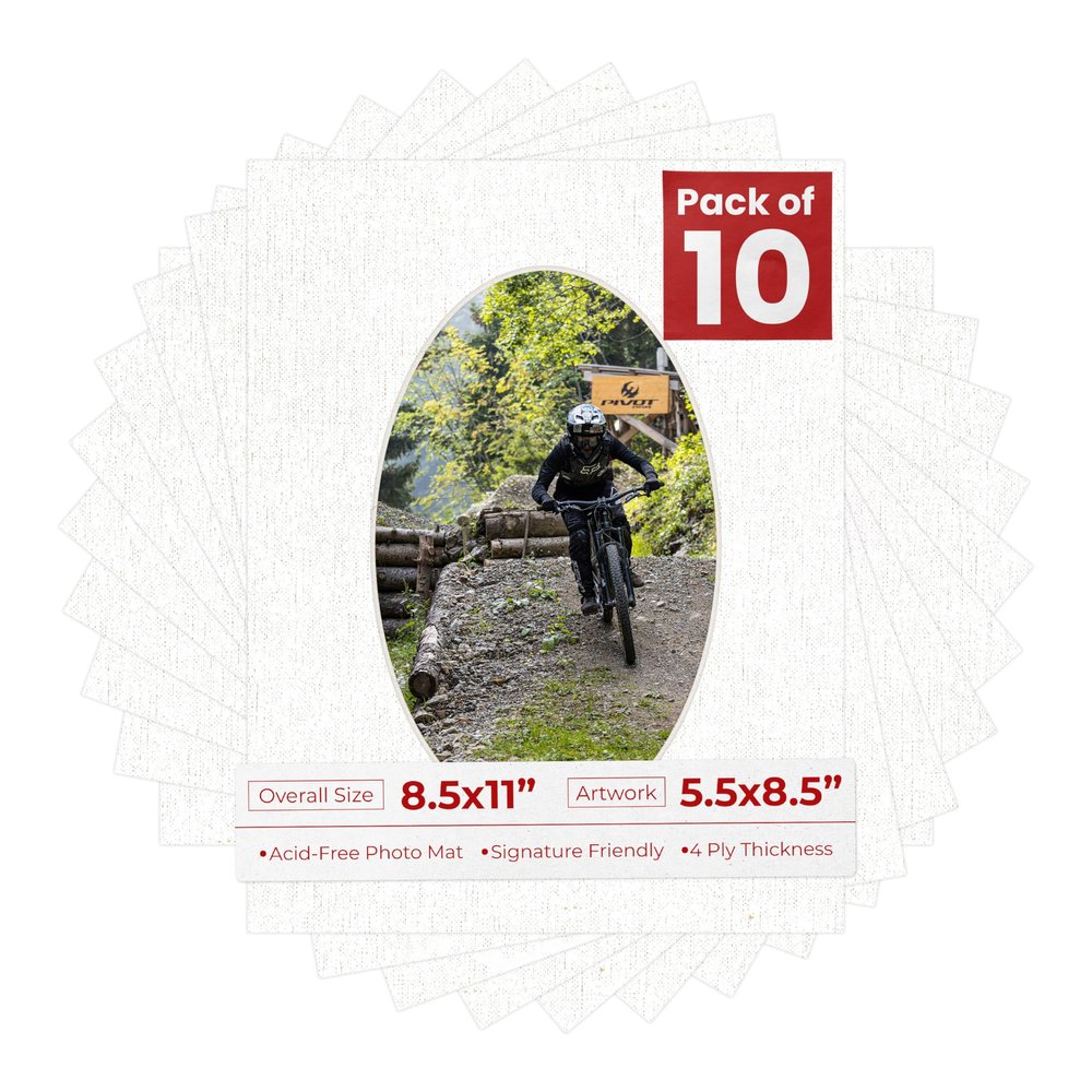 8.5x11 Mat Bevel Cut for 5.5x8.5 Photos - Precut White Linen Canvas Oval Shaped Photo Mat Board Opening - Acid Free Matte to Protect Your Pictures - Bevel Cut for Family Photos, Pack of 10 Matboards