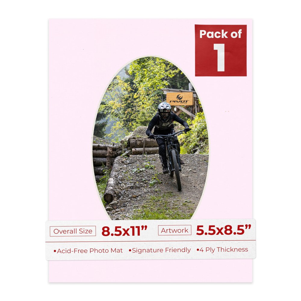 8.5x11 Mat Bevel Cut for 5.5x8.5 Photos - Precut Soft Pink Oval Shaped Photo Mat Board Opening - Acid Free Matte to Protect Your Pictures - Bevel Cut for Family Photos, Pack of 1 Matboard