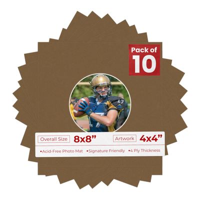 8x8 Mat Bevel Cut for 4x4 Photos - Precut Aged Oak Brown Circle Shaped Photo Mat Board Opening - Acid Free Matte to Protect Your Pictures - Bevel Cut for Family Photos, Pack of 10 Matboards