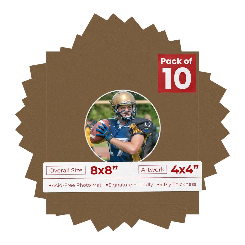 8x8 Mat Bevel Cut for 4x4 Photos - Precut Aged Oak Brown Circle Shaped Photo Mat Board Opening - Acid Free Matte to Protect Your Pictures - Bevel Cut for Family Photos, Pack of 10 Matboards