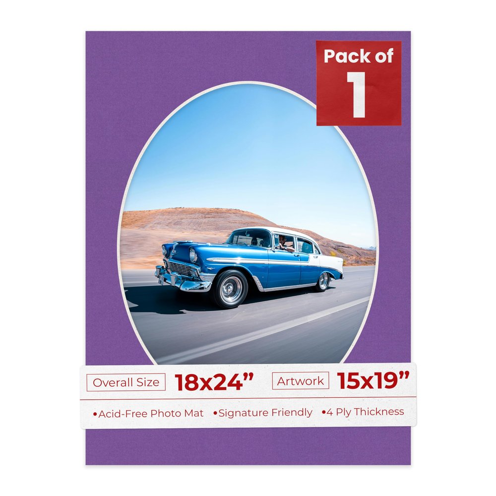 18x24 Mat Bevel Cut for 15x19 Photos - Precut Dark Purple Oval Shaped Photo Mat Board Opening - Acid Free Matte to Protect Your Pictures - Bevel Cut for Family Photos, Pack of 1 Matboard