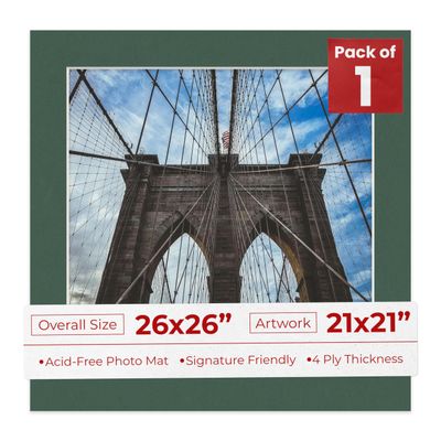 26x26 Mat Bevel Cut for 21x21 Photos - Precut Hunter Green Square Shaped Photo Mat Board Opening - Acid Free Matte to Protect Your Pictures - Bevel Cut for Family Photos, Pack of 1 Matboard