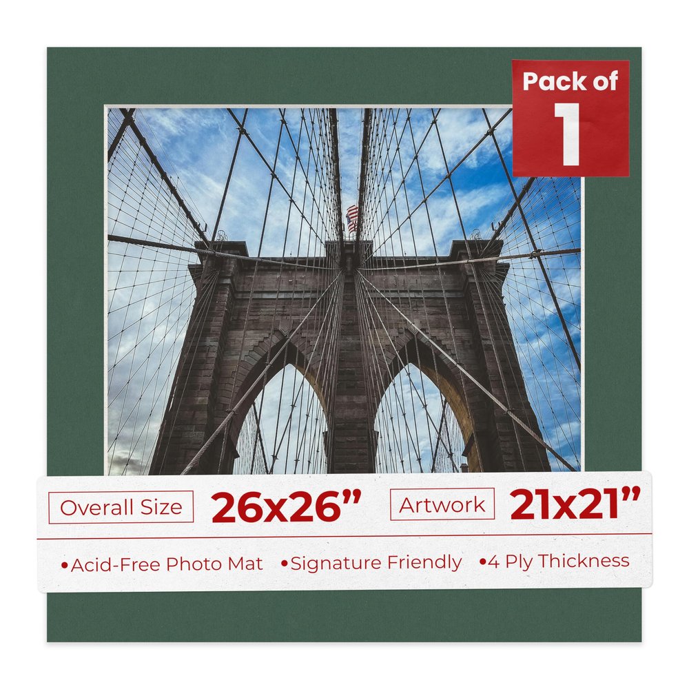 26x26 Mat Bevel Cut for 21x21 Photos - Precut Hunter Green Square Shaped Photo Mat Board Opening - Acid Free Matte to Protect Your Pictures - Bevel Cut for Family Photos, Pack of 1 Matboard