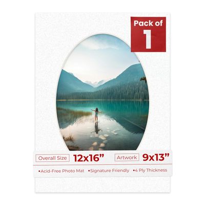 12x16 Mat Bevel Cut for 9x13 Photos - Precut Oyster Shell White Oval Shaped Photo Mat Board Opening - Acid Free Matte to Protect Your Pictures - Bevel Cut for Family Photos, Pack of 1 Matboard