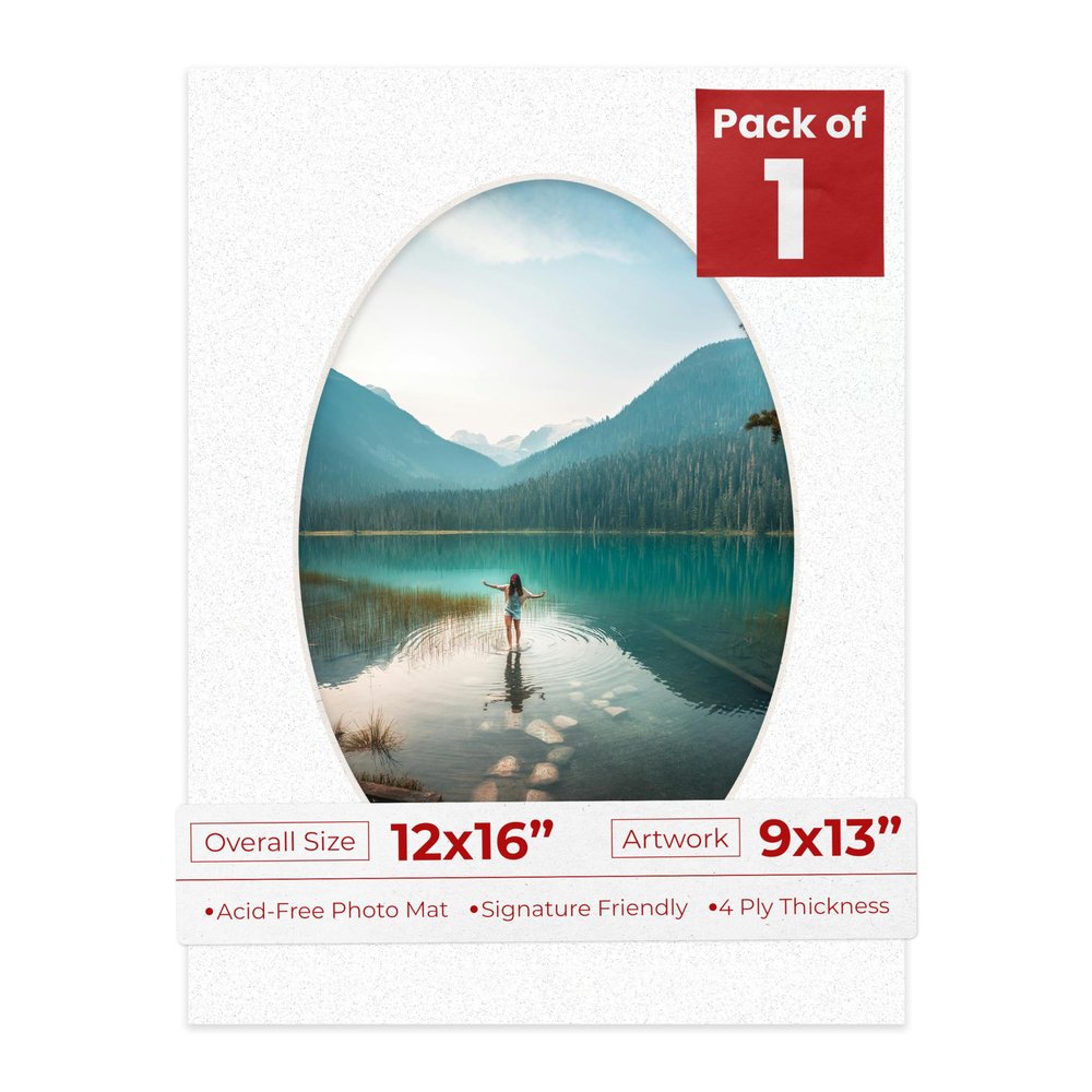 12x16 Mat Bevel Cut for 9x13 Photos - Precut Oyster Shell White Oval Shaped Photo Mat Board Opening - Acid Free Matte to Protect Your Pictures - Bevel Cut for Family Photos, Pack of 1 Matboard