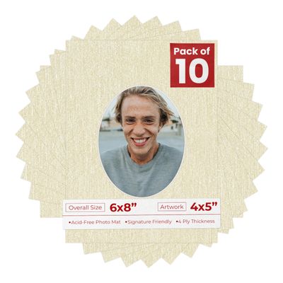 6x8 Mat Bevel Cut for 4x5 Photos - Precut Fresh Linen Canvas Oval Shaped Photo Mat Board Opening - Acid Free Matte to Protect Your Pictures - Bevel Cut for Family Photos, Pack of 10 Matboards