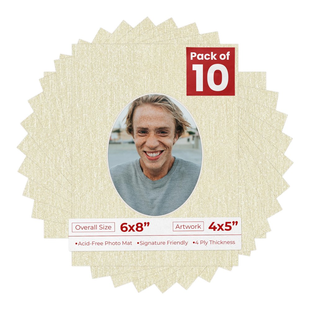 6x8 Mat Bevel Cut for 4x5 Photos - Precut Fresh Linen Canvas Oval Shaped Photo Mat Board Opening - Acid Free Matte to Protect Your Pictures - Bevel Cut for Family Photos, Pack of 10 Matboards